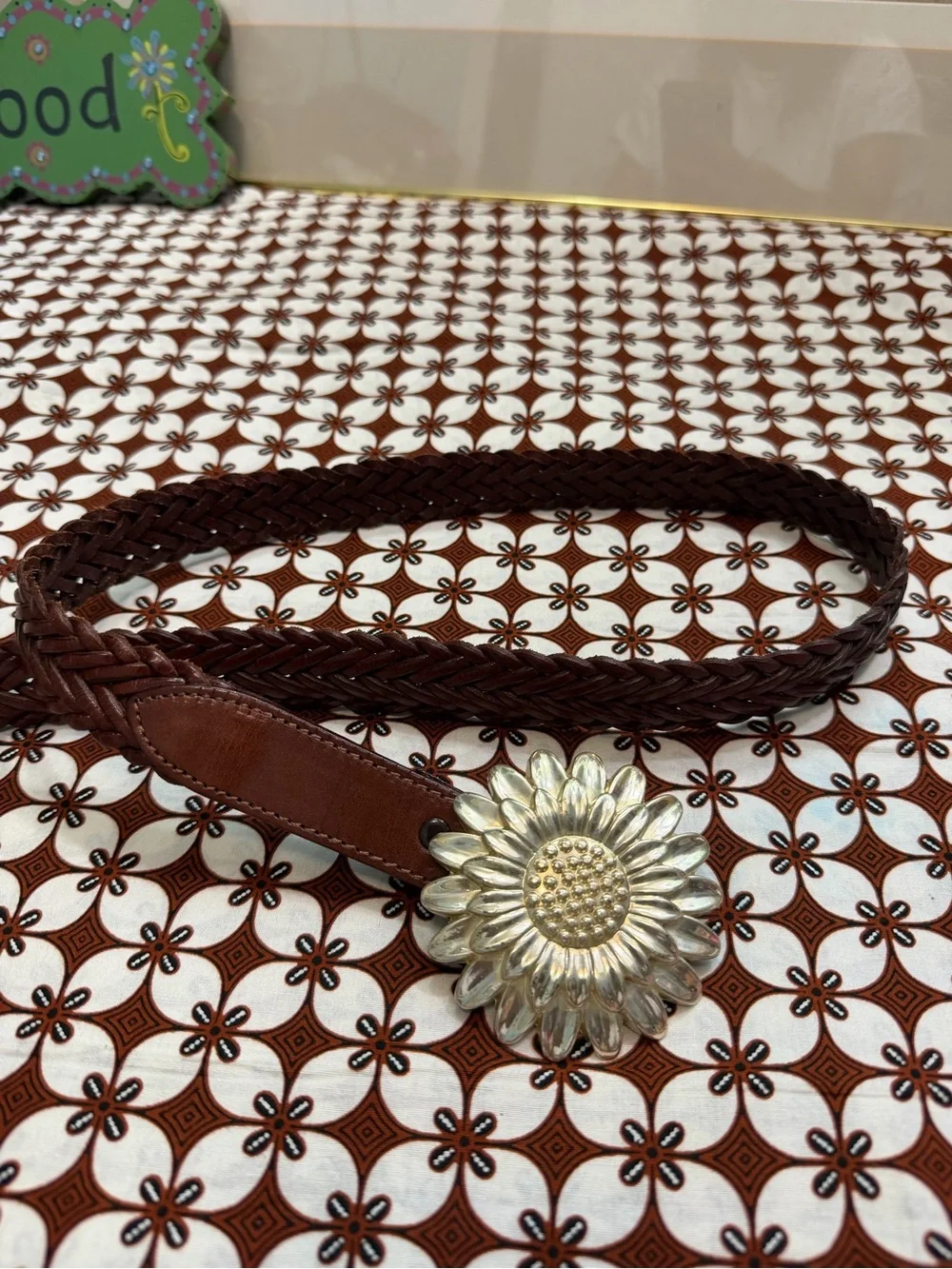 Rockmount Ranch Braided Brown Leather Belt with Silver Sunflower Buckle